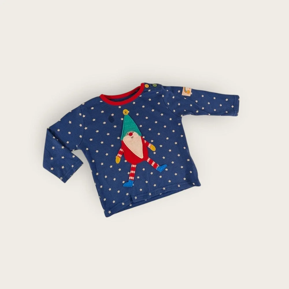 Frugi Kids Blue Star Gnome Santa Applique Organic Cotton Long Sleeve Top Shirt